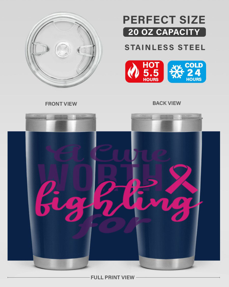 A stylish 20oz and 30oz stainless steel tumbler featuring a breast cancer awareness design, perfect for hot and cold beverages.