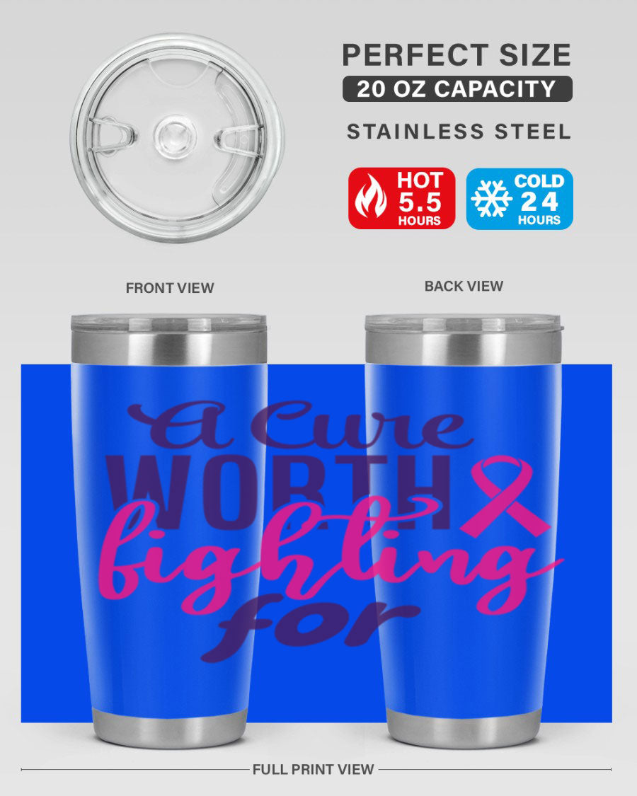 A stylish 20oz and 30oz stainless steel tumbler featuring a breast cancer awareness design, perfect for hot and cold beverages.
