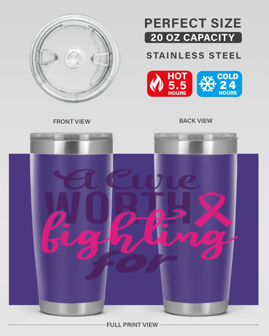 A stylish 20oz and 30oz stainless steel tumbler featuring a breast cancer awareness design, perfect for hot and cold beverages.
