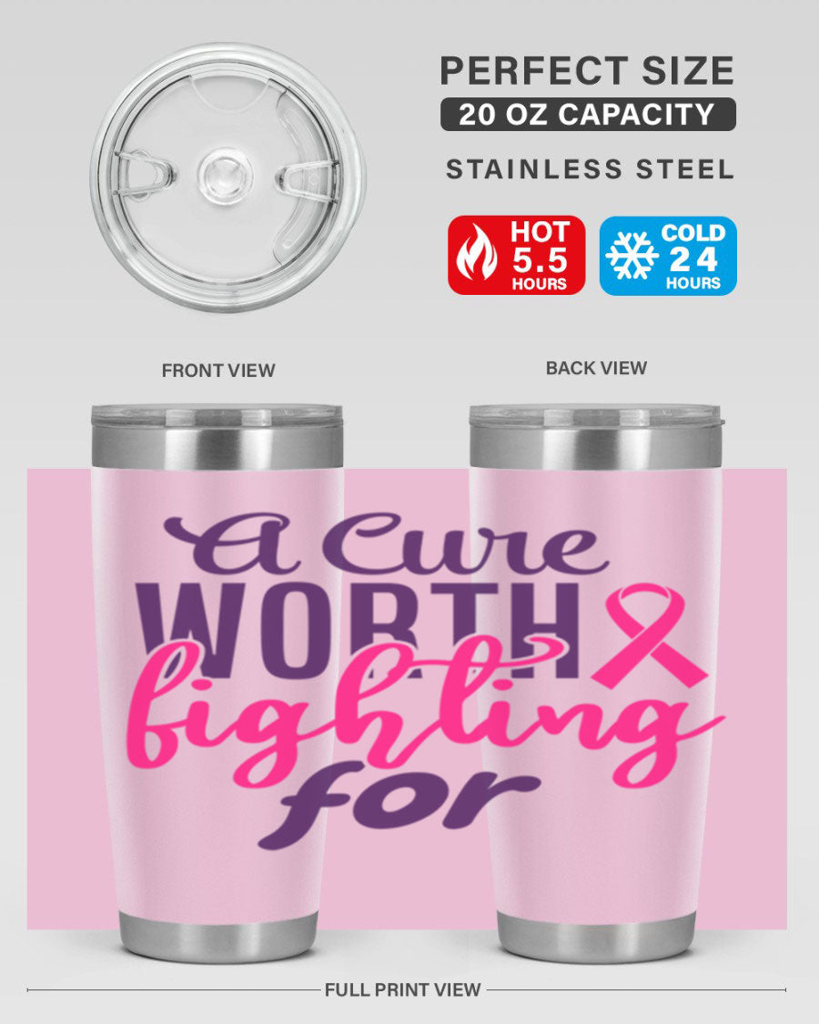 A stylish 20oz and 30oz stainless steel tumbler featuring a breast cancer awareness design, perfect for hot and cold beverages.