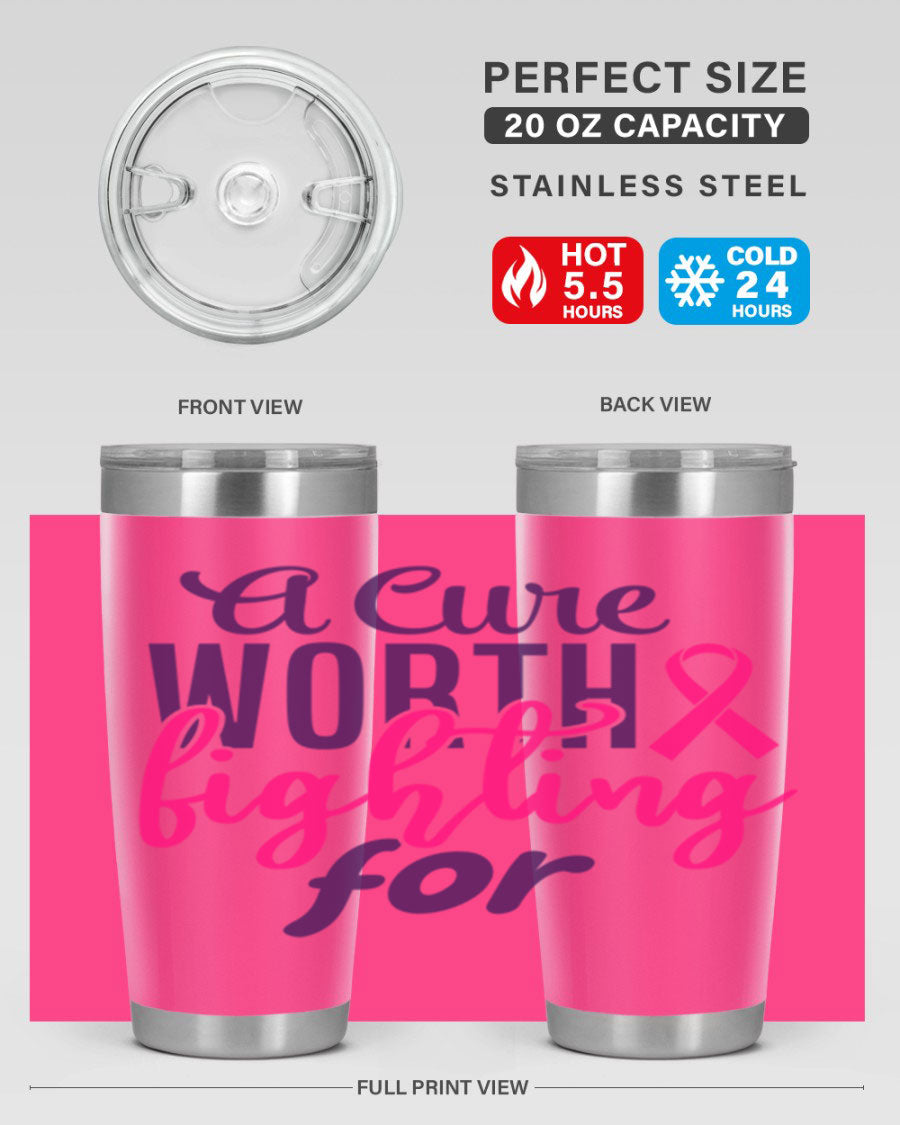 A stylish 20oz and 30oz stainless steel tumbler featuring a breast cancer awareness design, perfect for hot and cold beverages.