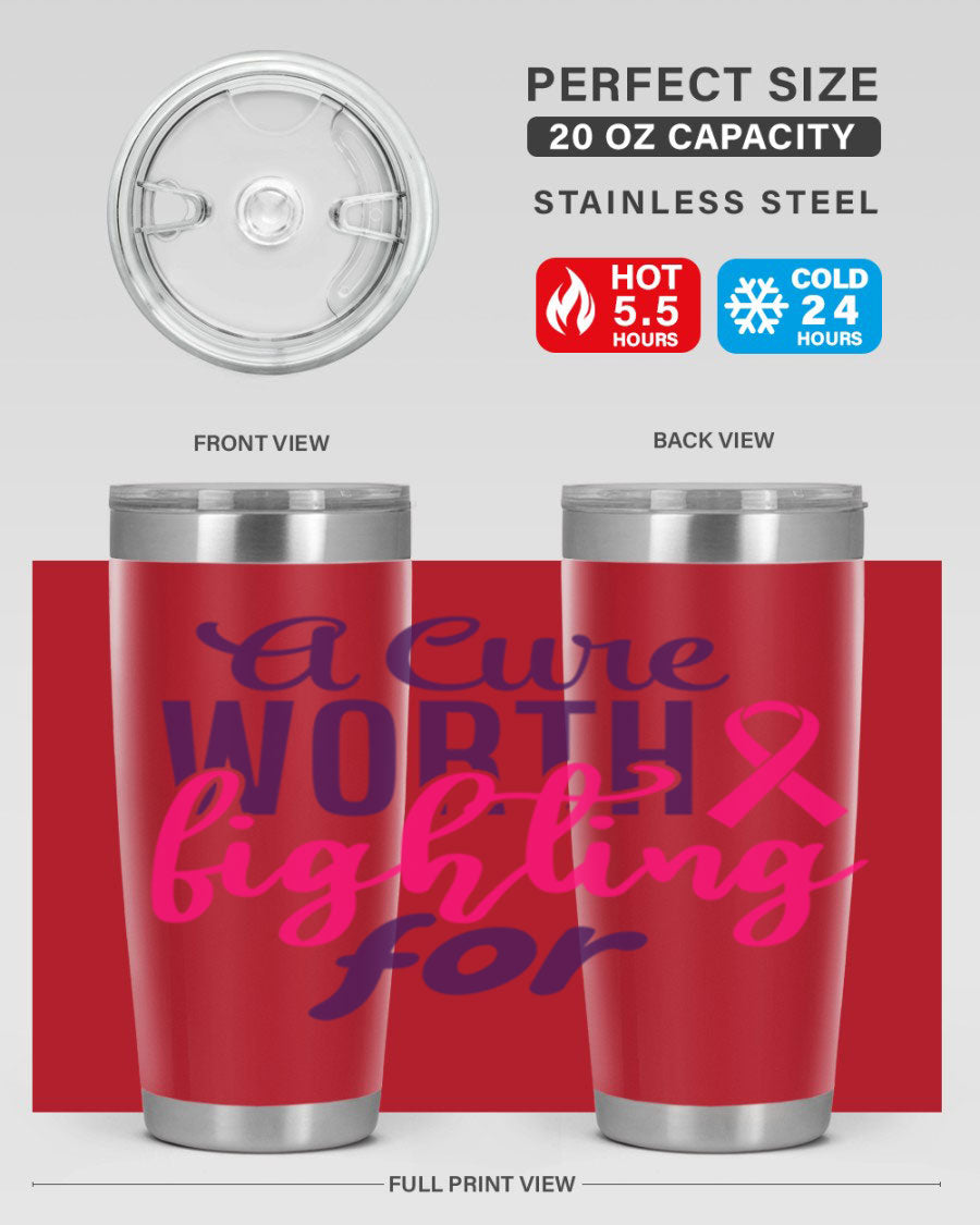 A stylish 20oz and 30oz stainless steel tumbler featuring a breast cancer awareness design, perfect for hot and cold beverages.