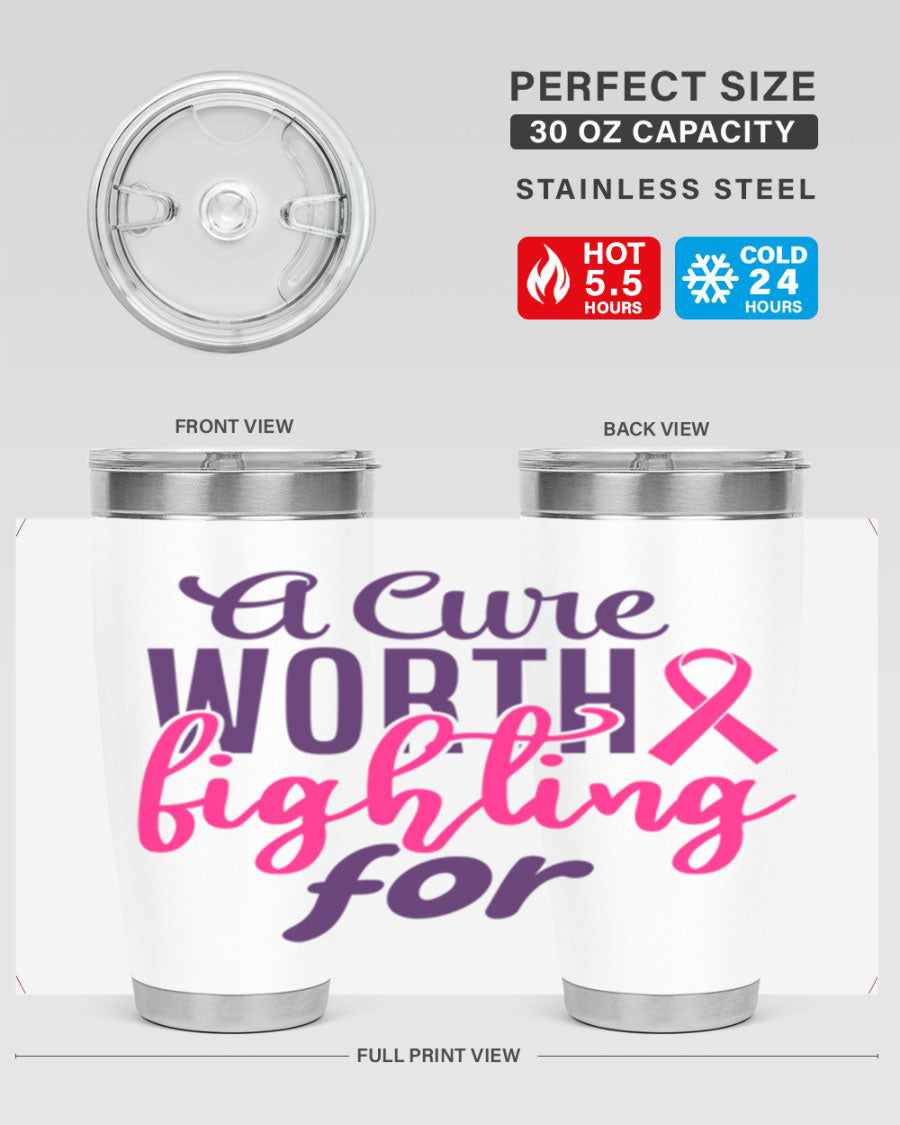 A stylish 20oz and 30oz stainless steel tumbler featuring a breast cancer awareness design, perfect for hot and cold beverages.