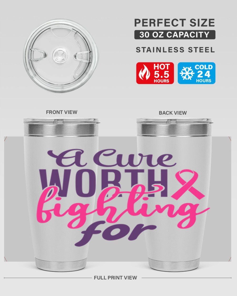 A stylish 20oz and 30oz stainless steel tumbler featuring a breast cancer awareness design, perfect for hot and cold beverages.