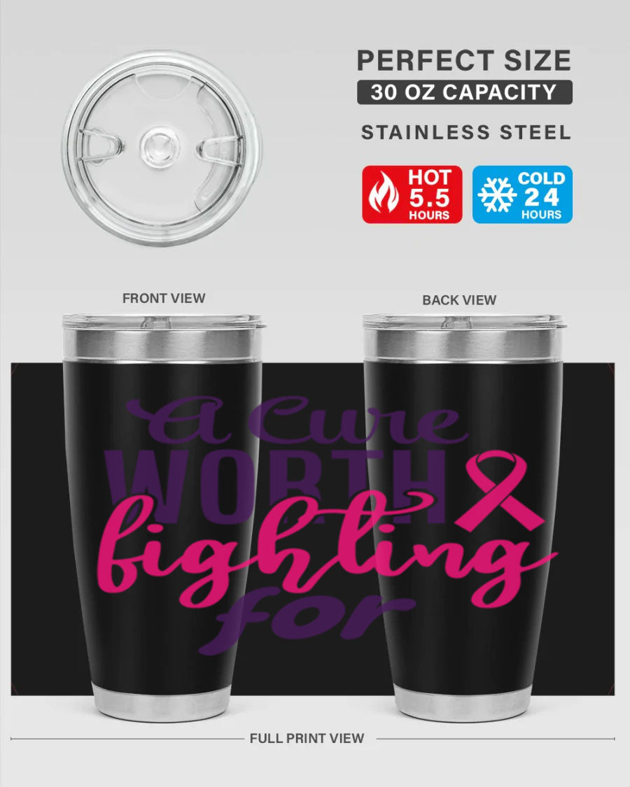 A stylish 20oz and 30oz stainless steel tumbler featuring a breast cancer awareness design, perfect for hot and cold beverages.