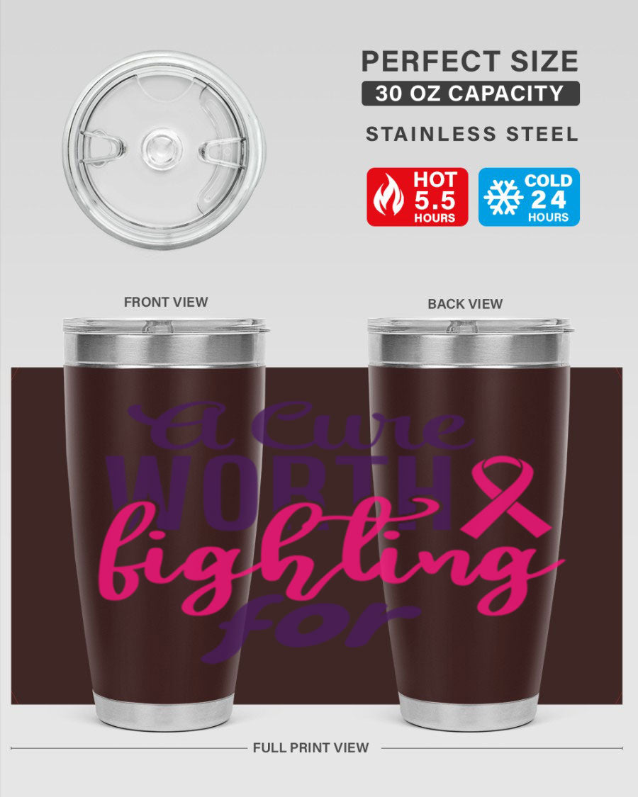 A stylish 20oz and 30oz stainless steel tumbler featuring a breast cancer awareness design, perfect for hot and cold beverages.