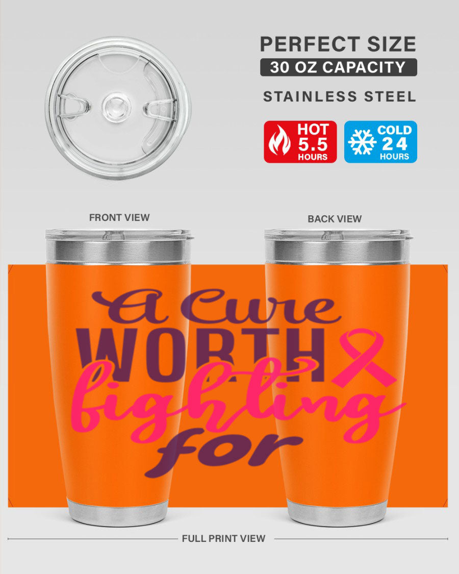 A stylish 20oz and 30oz stainless steel tumbler featuring a breast cancer awareness design, perfect for hot and cold beverages.