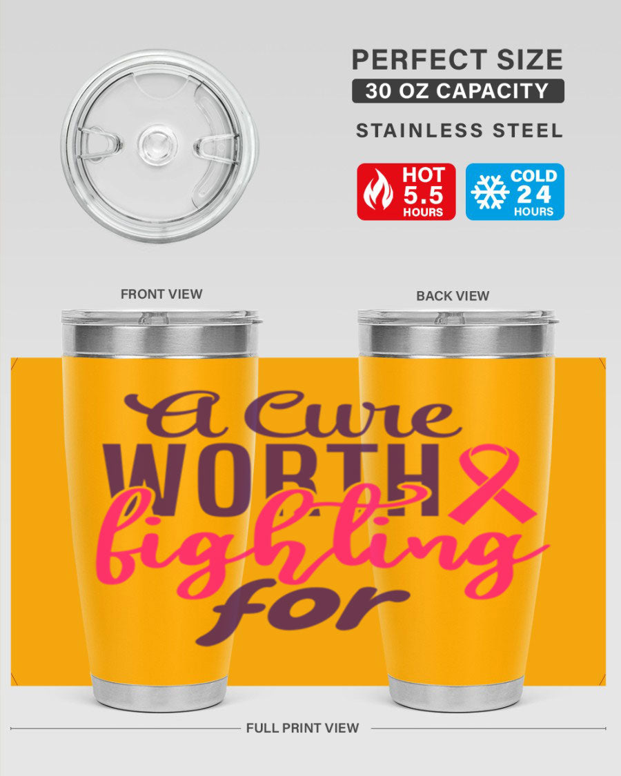A stylish 20oz and 30oz stainless steel tumbler featuring a breast cancer awareness design, perfect for hot and cold beverages.
