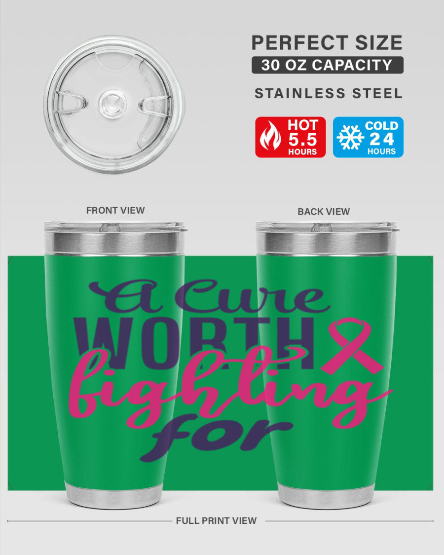 A stylish 20oz and 30oz stainless steel tumbler featuring a breast cancer awareness design, perfect for hot and cold beverages.