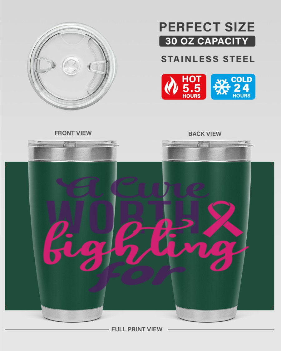 A stylish 20oz and 30oz stainless steel tumbler featuring a breast cancer awareness design, perfect for hot and cold beverages.