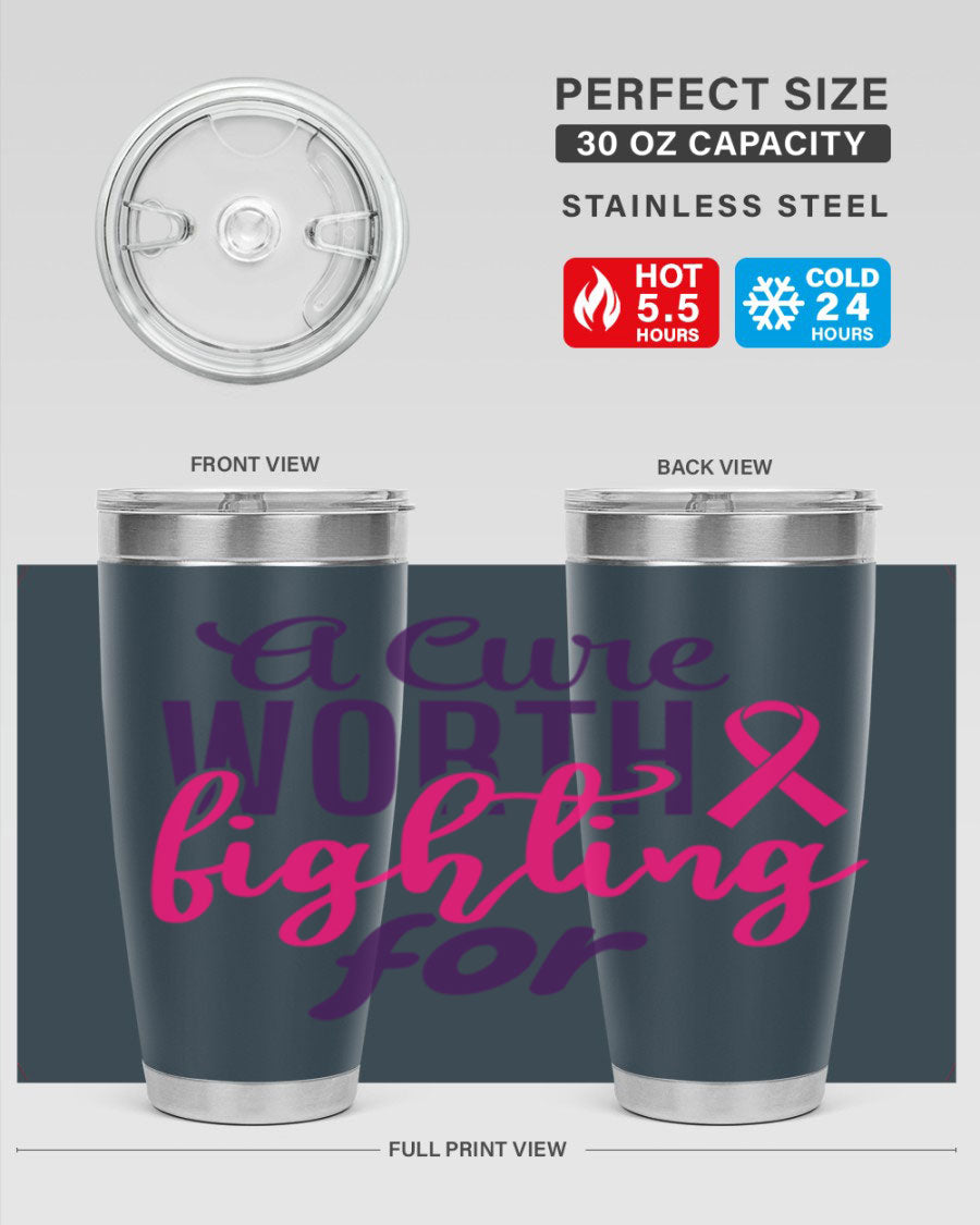 A stylish 20oz and 30oz stainless steel tumbler featuring a breast cancer awareness design, perfect for hot and cold beverages.