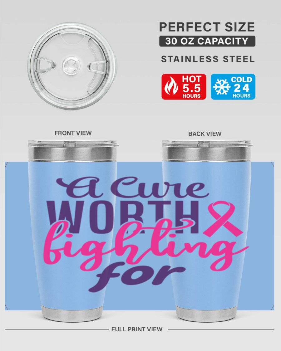 A stylish 20oz and 30oz stainless steel tumbler featuring a breast cancer awareness design, perfect for hot and cold beverages.