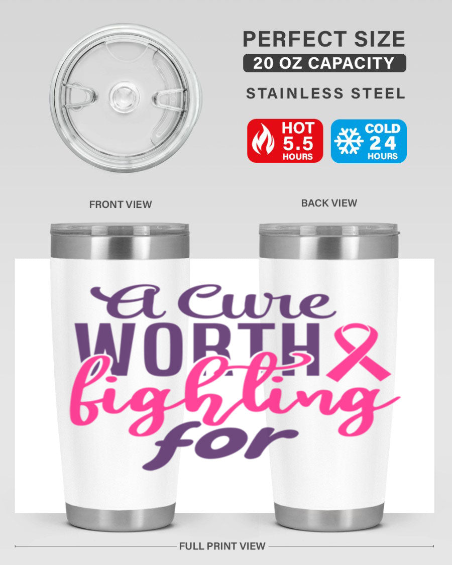 A stylish 20oz and 30oz stainless steel tumbler featuring a breast cancer awareness design, perfect for hot and cold beverages.