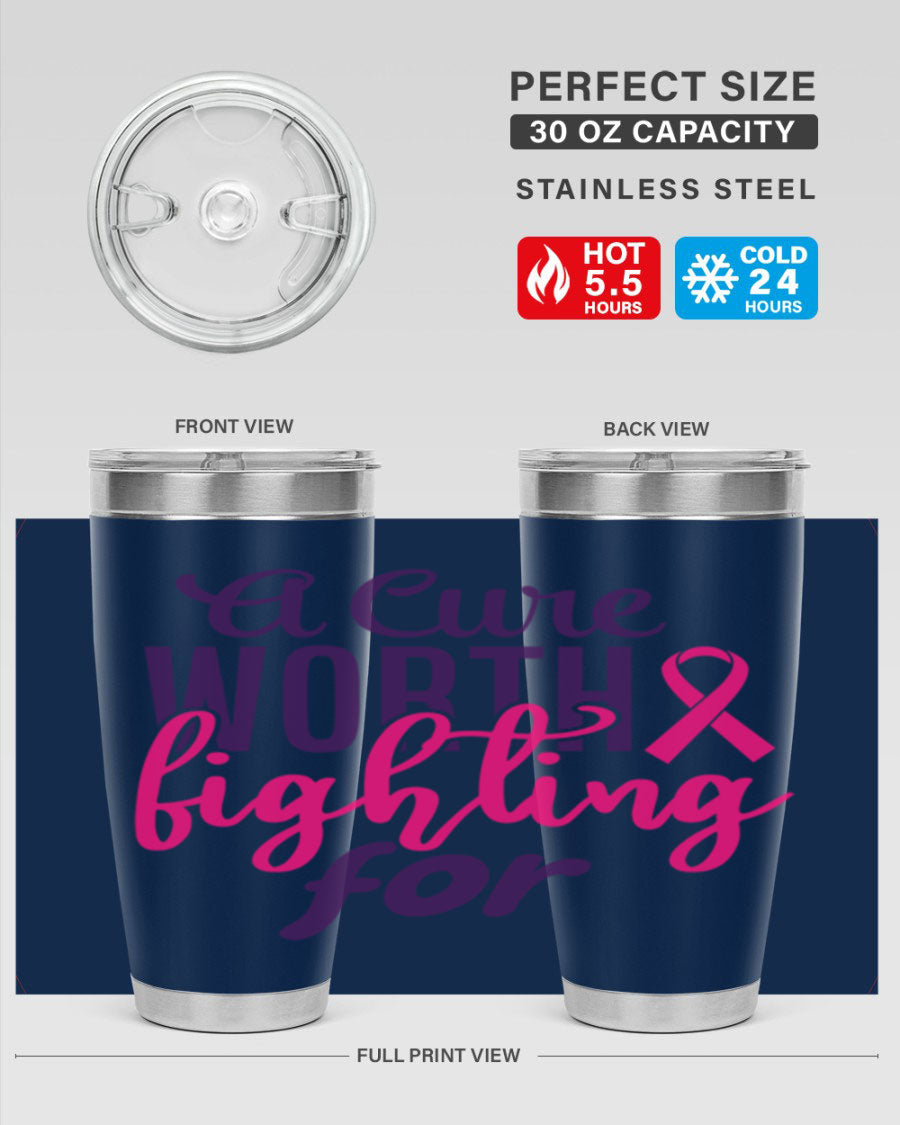 A stylish 20oz and 30oz stainless steel tumbler featuring a breast cancer awareness design, perfect for hot and cold beverages.
