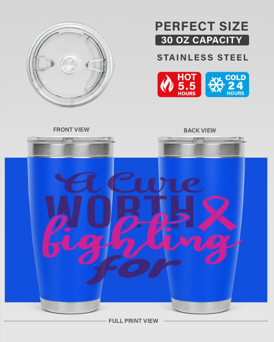 A stylish 20oz and 30oz stainless steel tumbler featuring a breast cancer awareness design, perfect for hot and cold beverages.