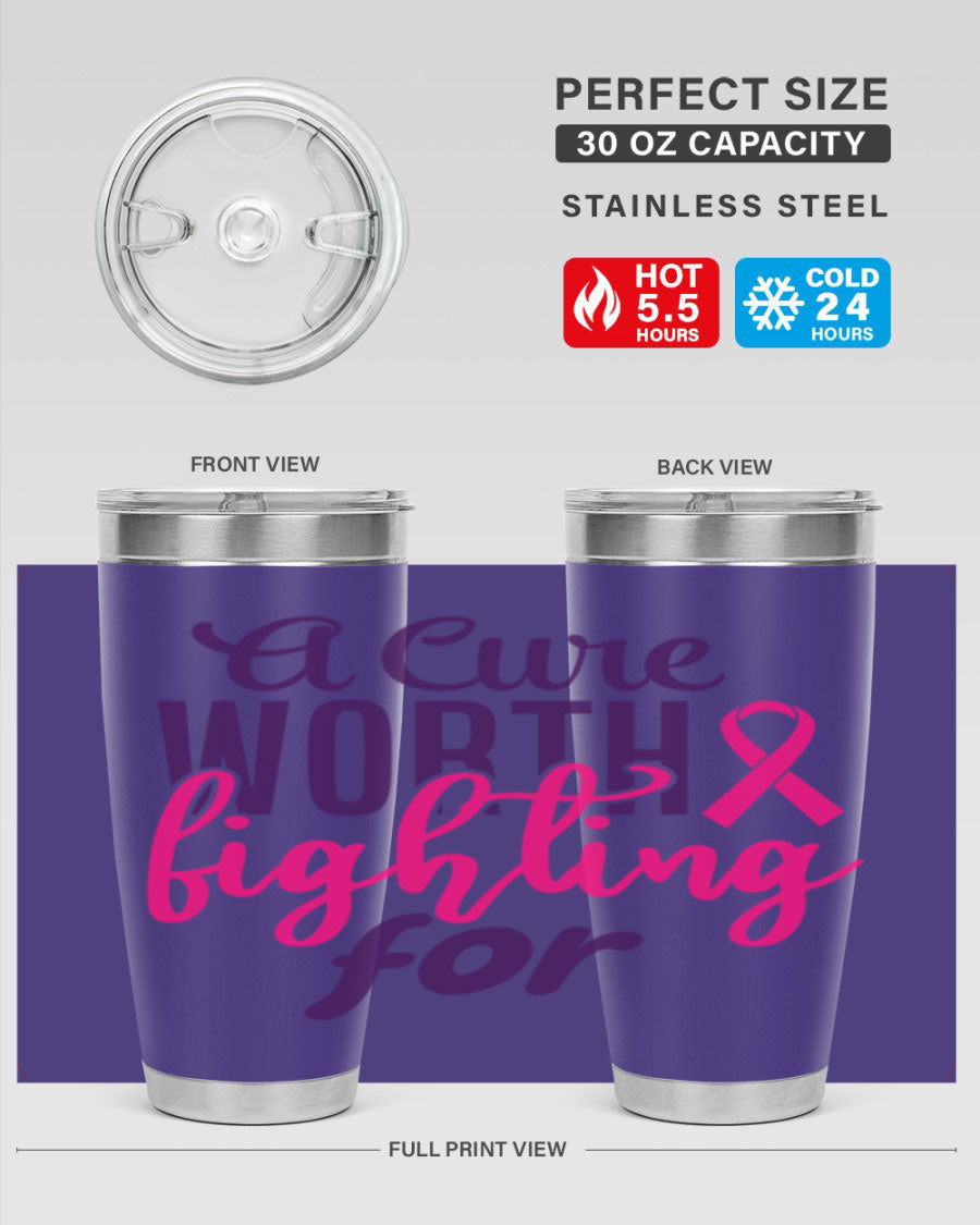 A stylish 20oz and 30oz stainless steel tumbler featuring a breast cancer awareness design, perfect for hot and cold beverages.