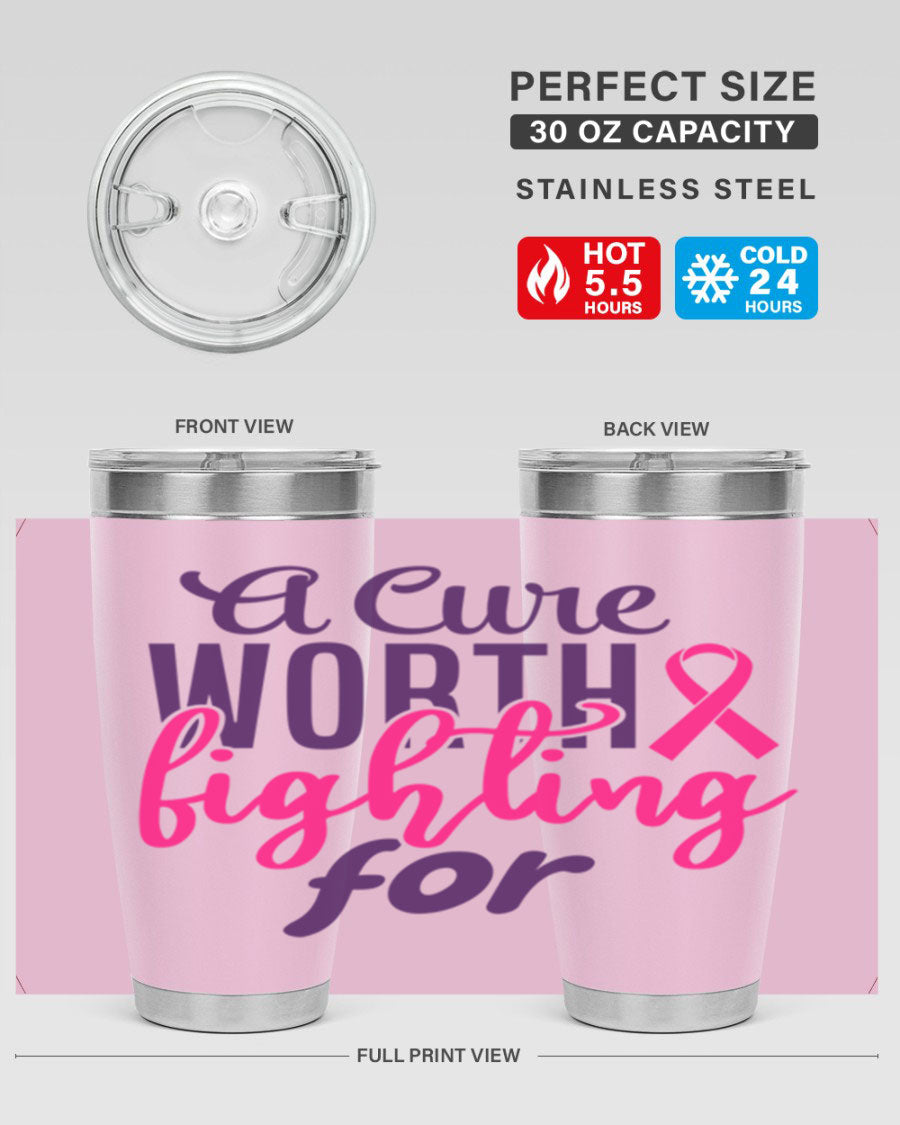 A stylish 20oz and 30oz stainless steel tumbler featuring a breast cancer awareness design, perfect for hot and cold beverages.