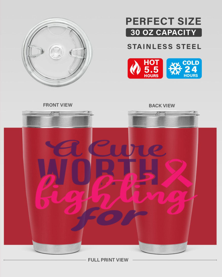 A stylish 20oz and 30oz stainless steel tumbler featuring a breast cancer awareness design, perfect for hot and cold beverages.
