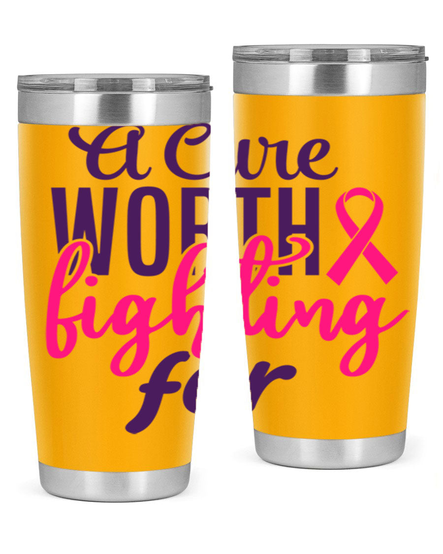 A stylish 20oz and 30oz stainless steel tumbler featuring a breast cancer awareness design, perfect for hot and cold beverages.