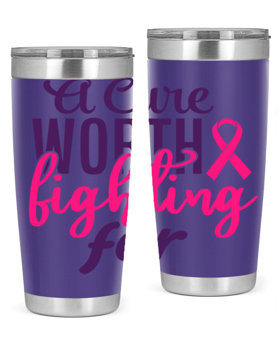 A stylish 20oz and 30oz stainless steel tumbler featuring a breast cancer awareness design, perfect for hot and cold beverages.