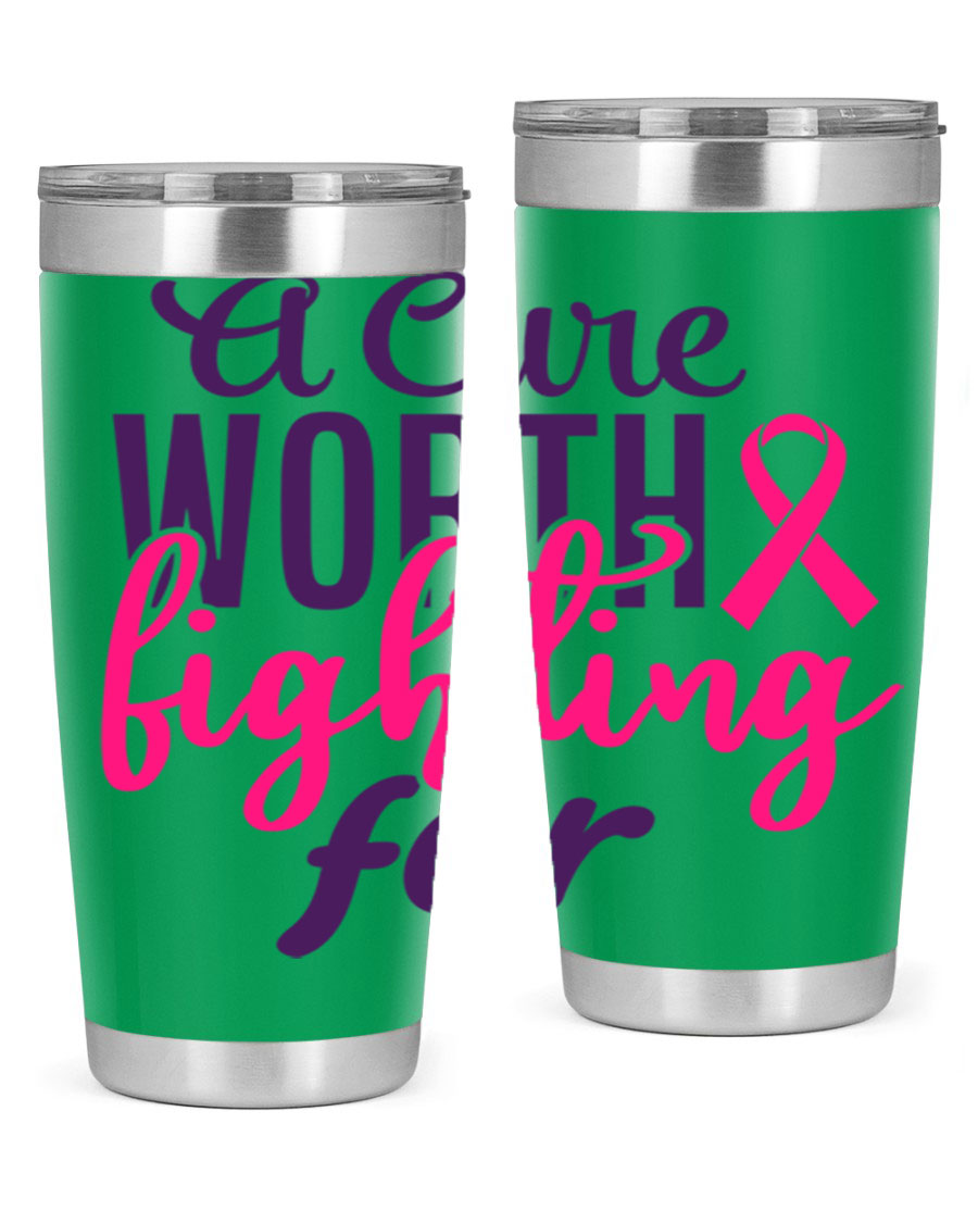 A stylish 20oz and 30oz stainless steel tumbler featuring a breast cancer awareness design, perfect for hot and cold beverages.