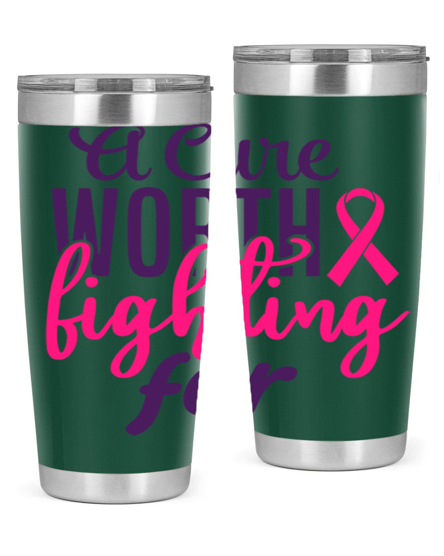 A stylish 20oz and 30oz stainless steel tumbler featuring a breast cancer awareness design, perfect for hot and cold beverages.