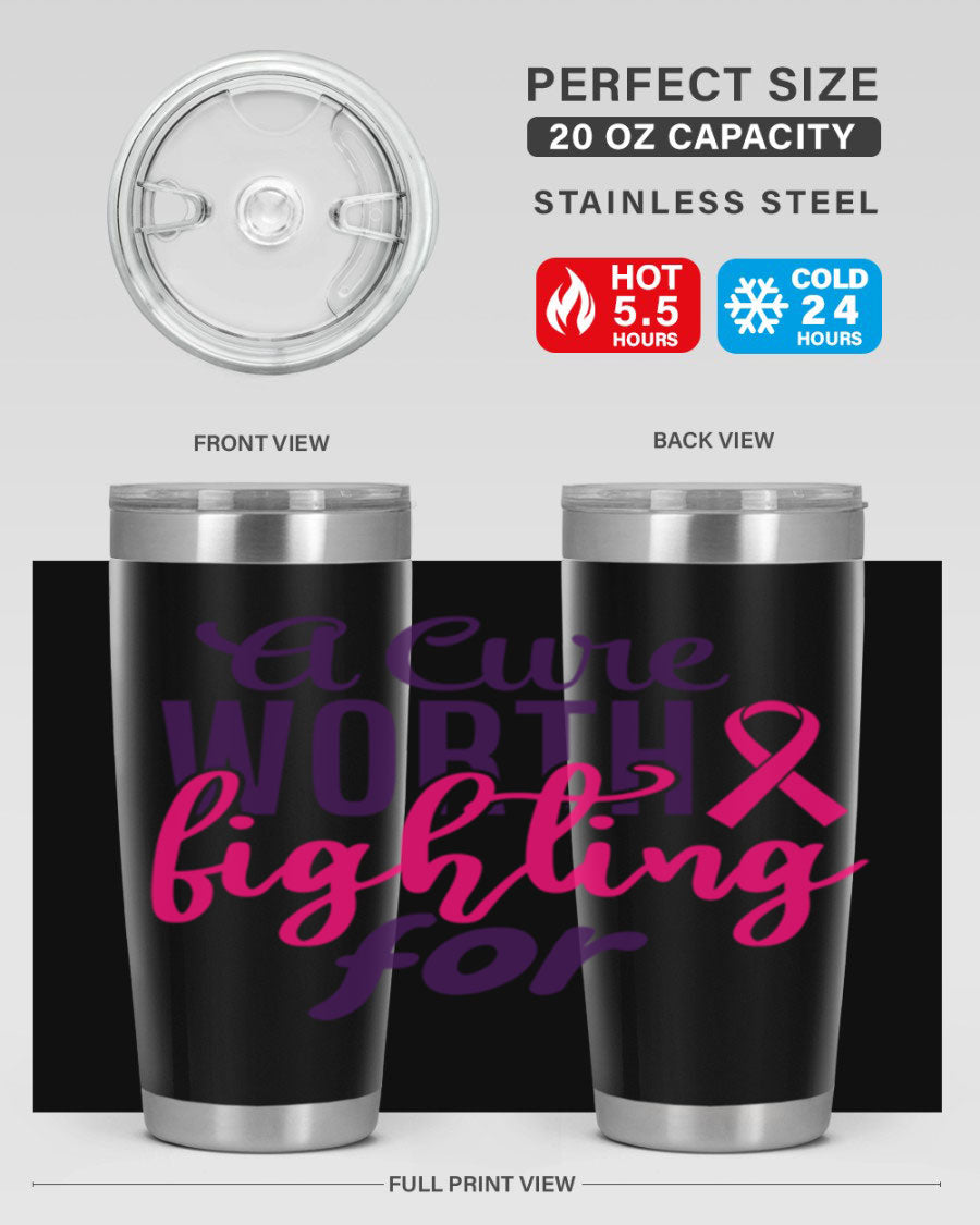 A stylish 20oz and 30oz stainless steel tumbler featuring a breast cancer awareness design, perfect for hot and cold beverages.