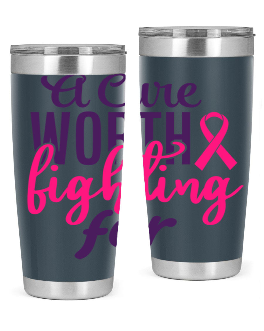 A stylish 20oz and 30oz stainless steel tumbler featuring a breast cancer awareness design, perfect for hot and cold beverages.
