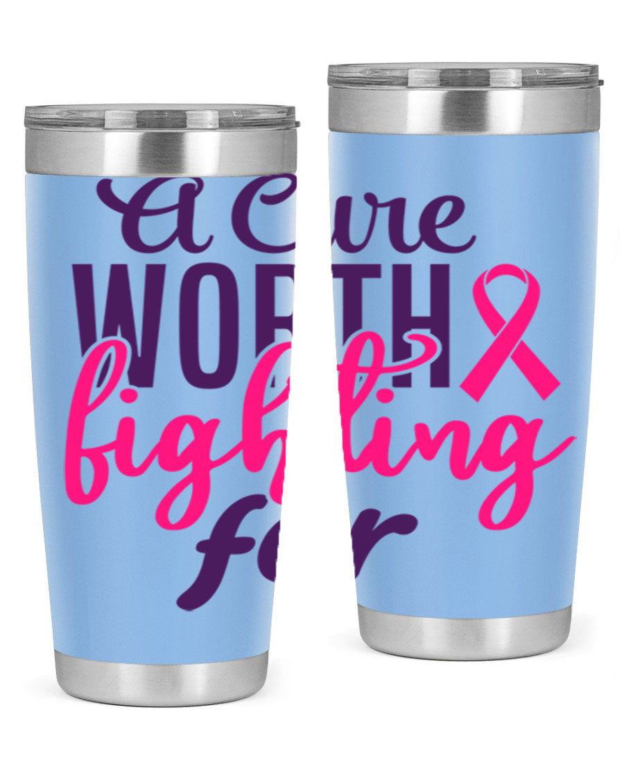 A stylish 20oz and 30oz stainless steel tumbler featuring a breast cancer awareness design, perfect for hot and cold beverages.