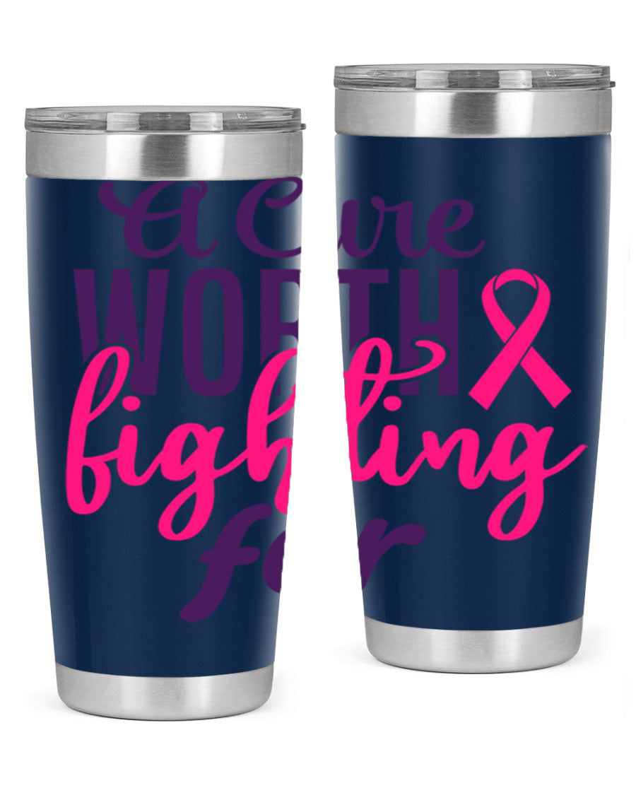 A stylish 20oz and 30oz stainless steel tumbler featuring a breast cancer awareness design, perfect for hot and cold beverages.