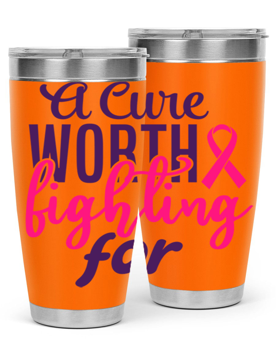 A stylish 20oz and 30oz stainless steel tumbler featuring a breast cancer awareness design, perfect for hot and cold beverages.