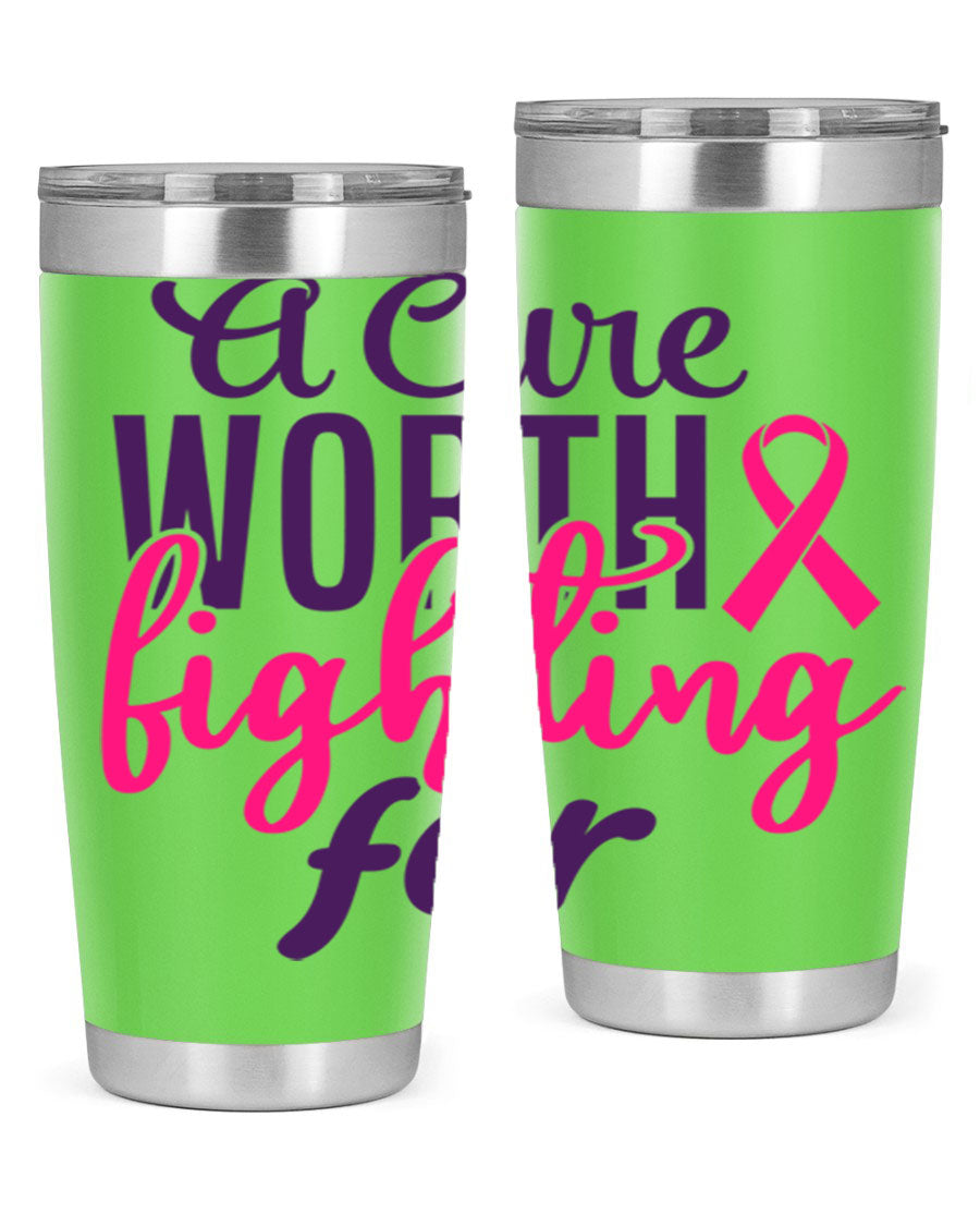 A stylish 20oz and 30oz stainless steel tumbler featuring a breast cancer awareness design, perfect for hot and cold beverages.