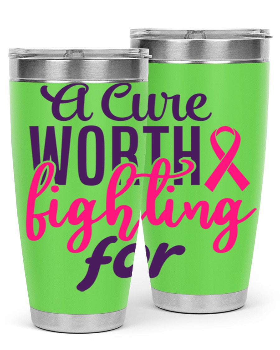 A stylish 20oz and 30oz stainless steel tumbler featuring a breast cancer awareness design, perfect for hot and cold beverages.