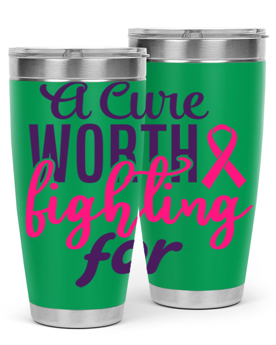 A stylish 20oz and 30oz stainless steel tumbler featuring a breast cancer awareness design, perfect for hot and cold beverages.