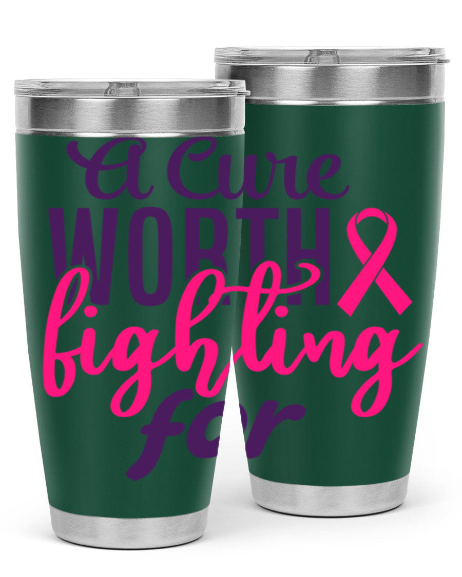 A stylish 20oz and 30oz stainless steel tumbler featuring a breast cancer awareness design, perfect for hot and cold beverages.