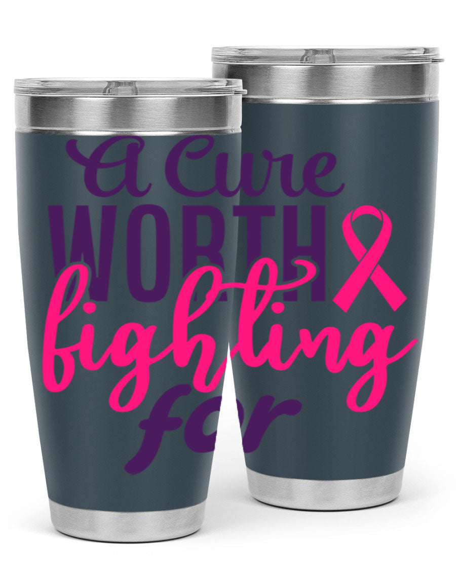 A stylish 20oz and 30oz stainless steel tumbler featuring a breast cancer awareness design, perfect for hot and cold beverages.
