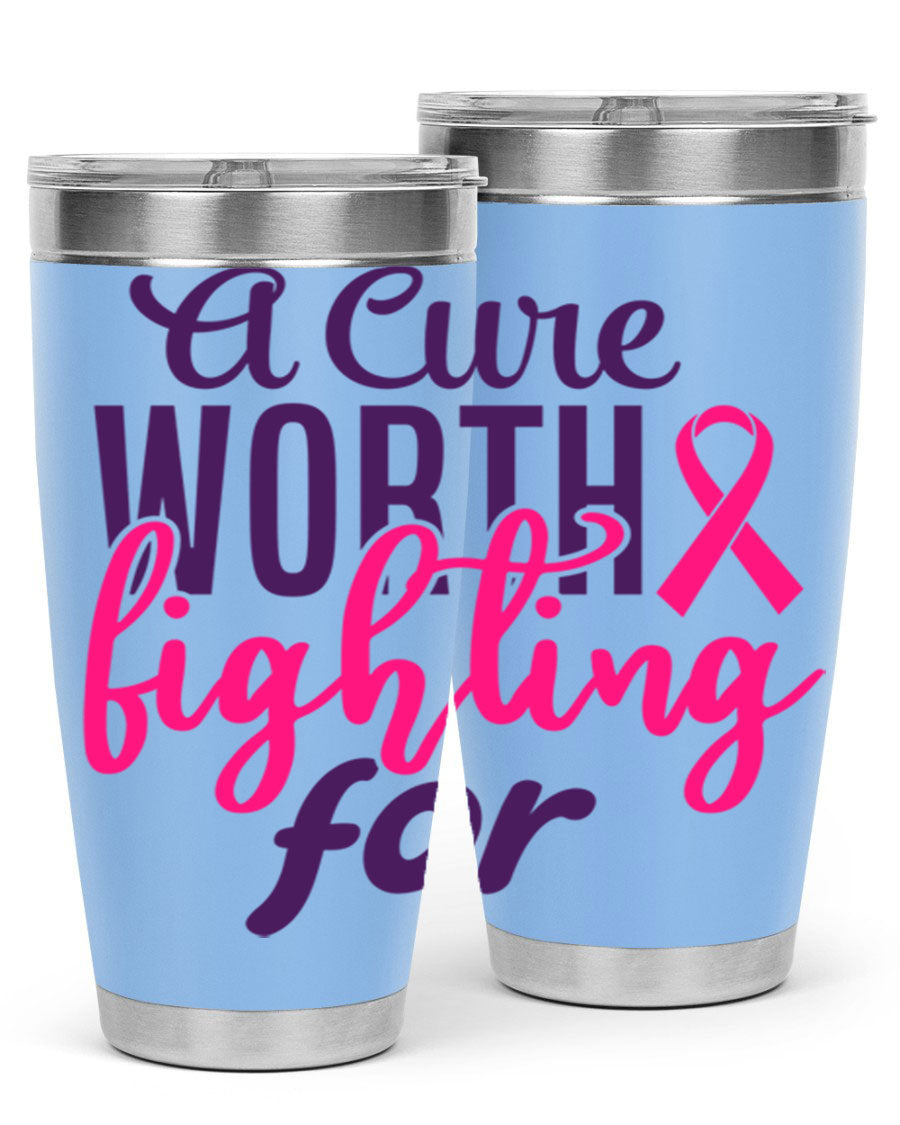 A stylish 20oz and 30oz stainless steel tumbler featuring a breast cancer awareness design, perfect for hot and cold beverages.