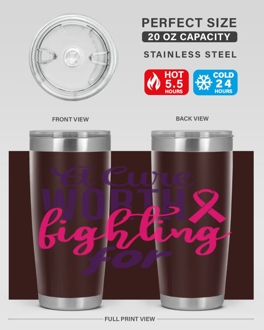 A stylish 20oz and 30oz stainless steel tumbler featuring a breast cancer awareness design, perfect for hot and cold beverages.