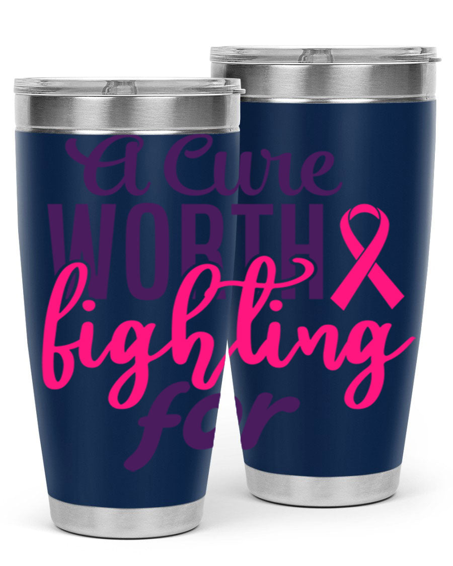 A stylish 20oz and 30oz stainless steel tumbler featuring a breast cancer awareness design, perfect for hot and cold beverages.