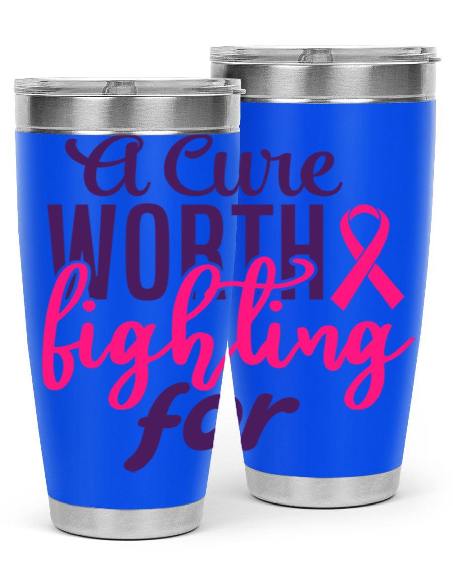 A stylish 20oz and 30oz stainless steel tumbler featuring a breast cancer awareness design, perfect for hot and cold beverages.