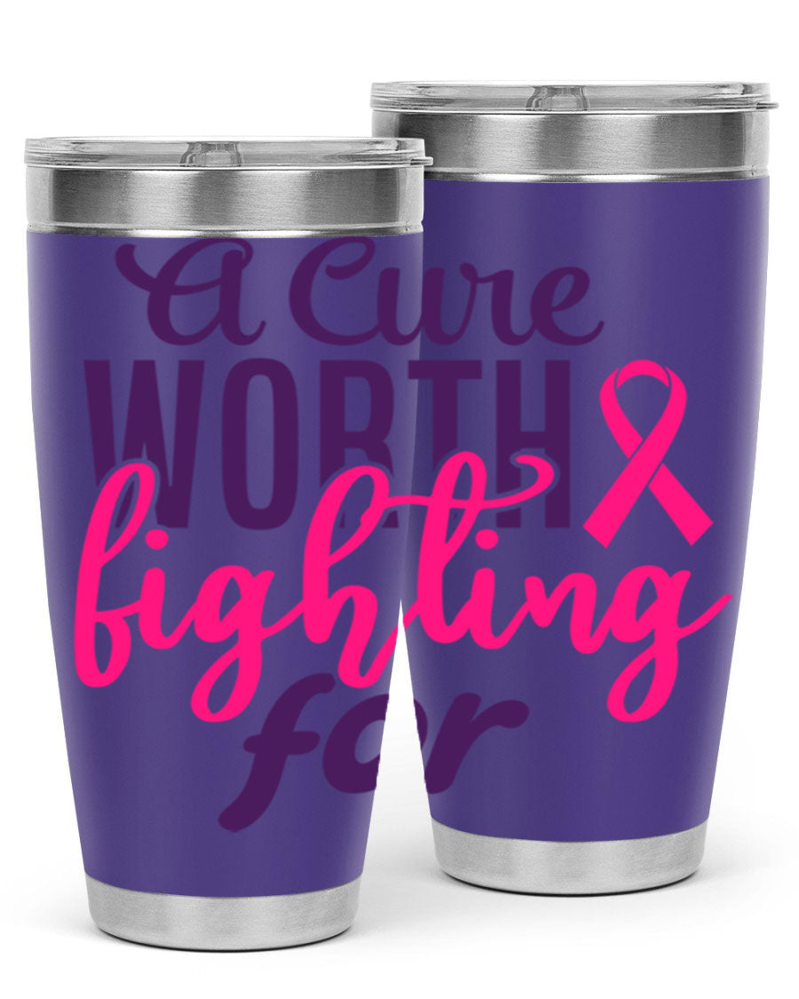 A stylish 20oz and 30oz stainless steel tumbler featuring a breast cancer awareness design, perfect for hot and cold beverages.