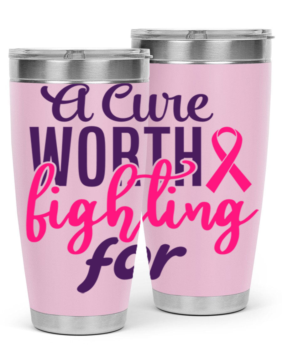 A stylish 20oz and 30oz stainless steel tumbler featuring a breast cancer awareness design, perfect for hot and cold beverages.