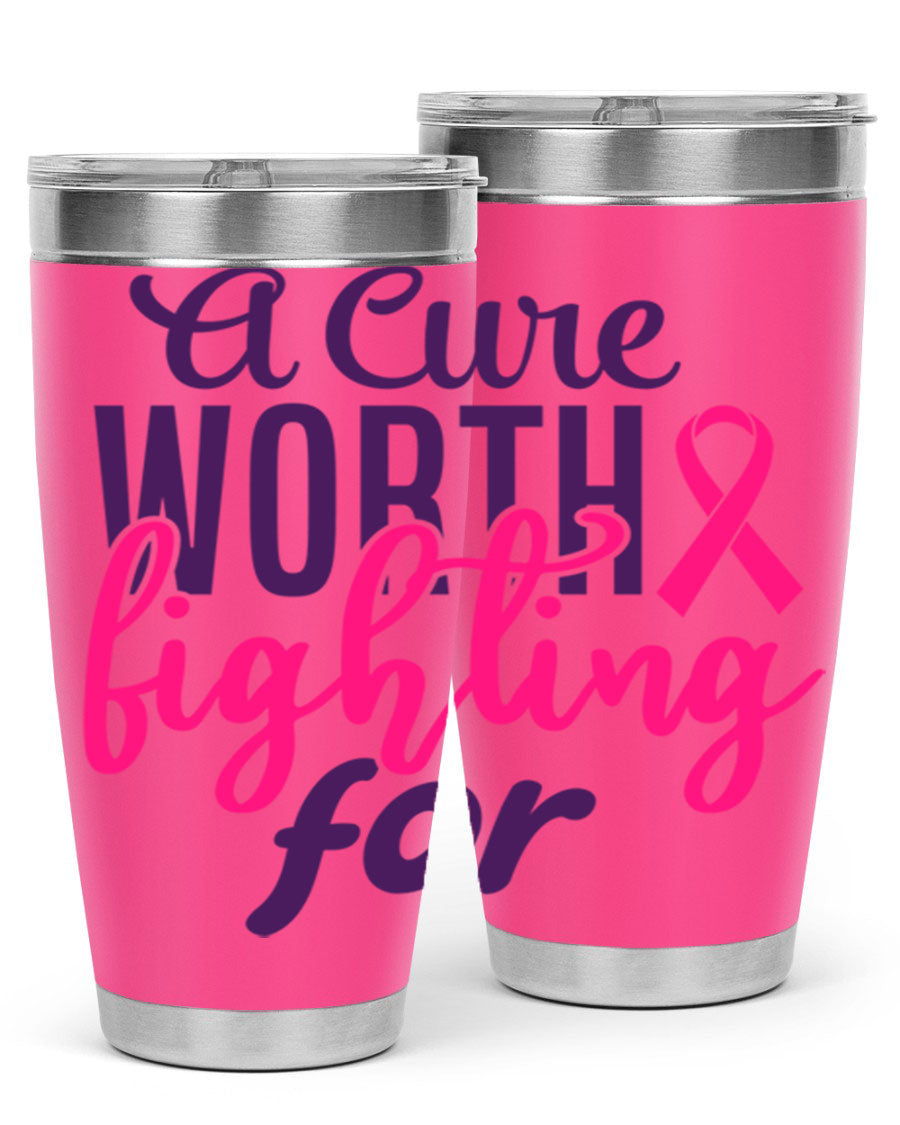 A stylish 20oz and 30oz stainless steel tumbler featuring a breast cancer awareness design, perfect for hot and cold beverages.