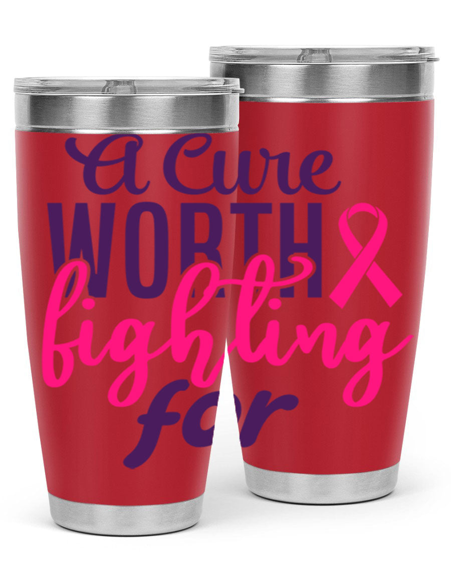 A stylish 20oz and 30oz stainless steel tumbler featuring a breast cancer awareness design, perfect for hot and cold beverages.