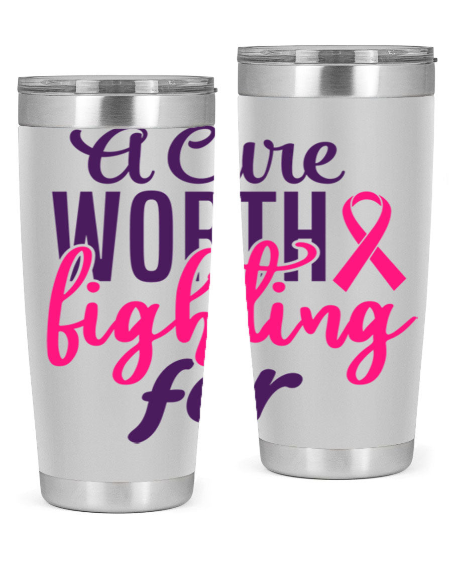 A stylish 20oz and 30oz stainless steel tumbler featuring a breast cancer awareness design, perfect for hot and cold beverages.
