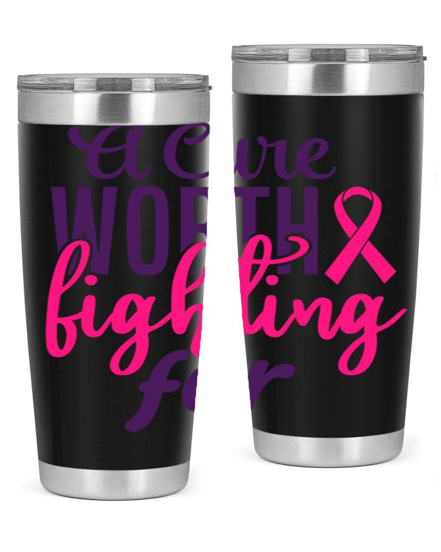 A stylish 20oz and 30oz stainless steel tumbler featuring a breast cancer awareness design, perfect for hot and cold beverages.