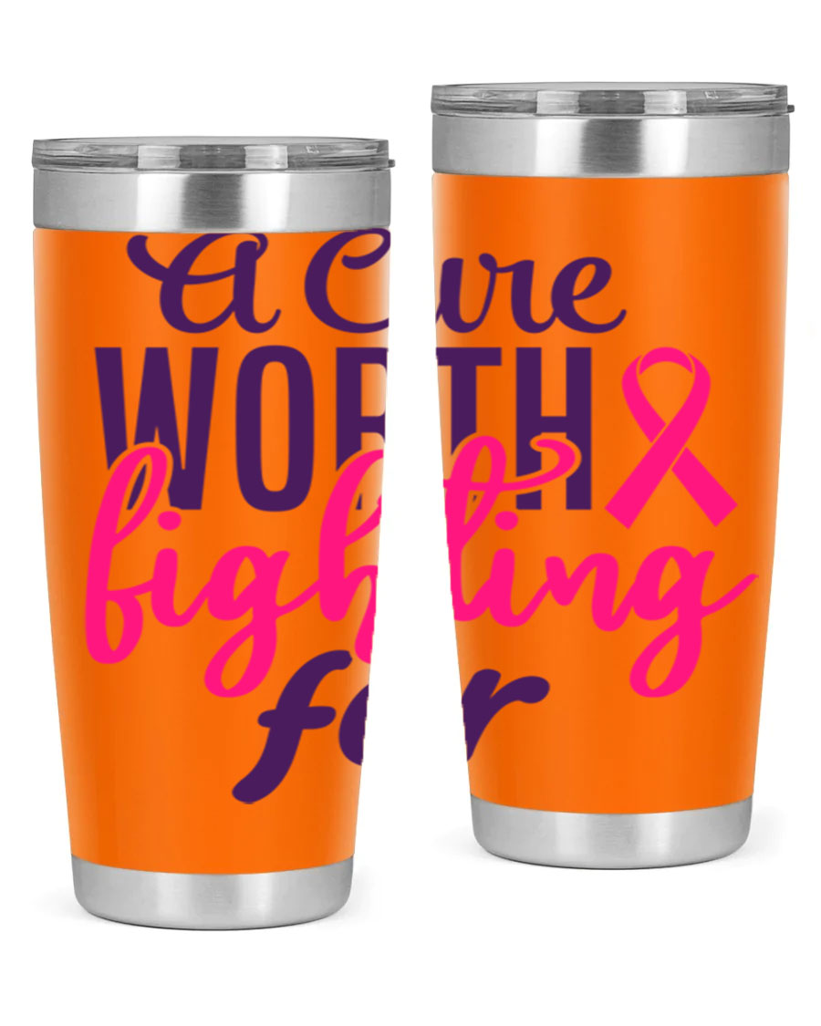 A stylish 20oz and 30oz stainless steel tumbler featuring a breast cancer awareness design, perfect for hot and cold beverages.