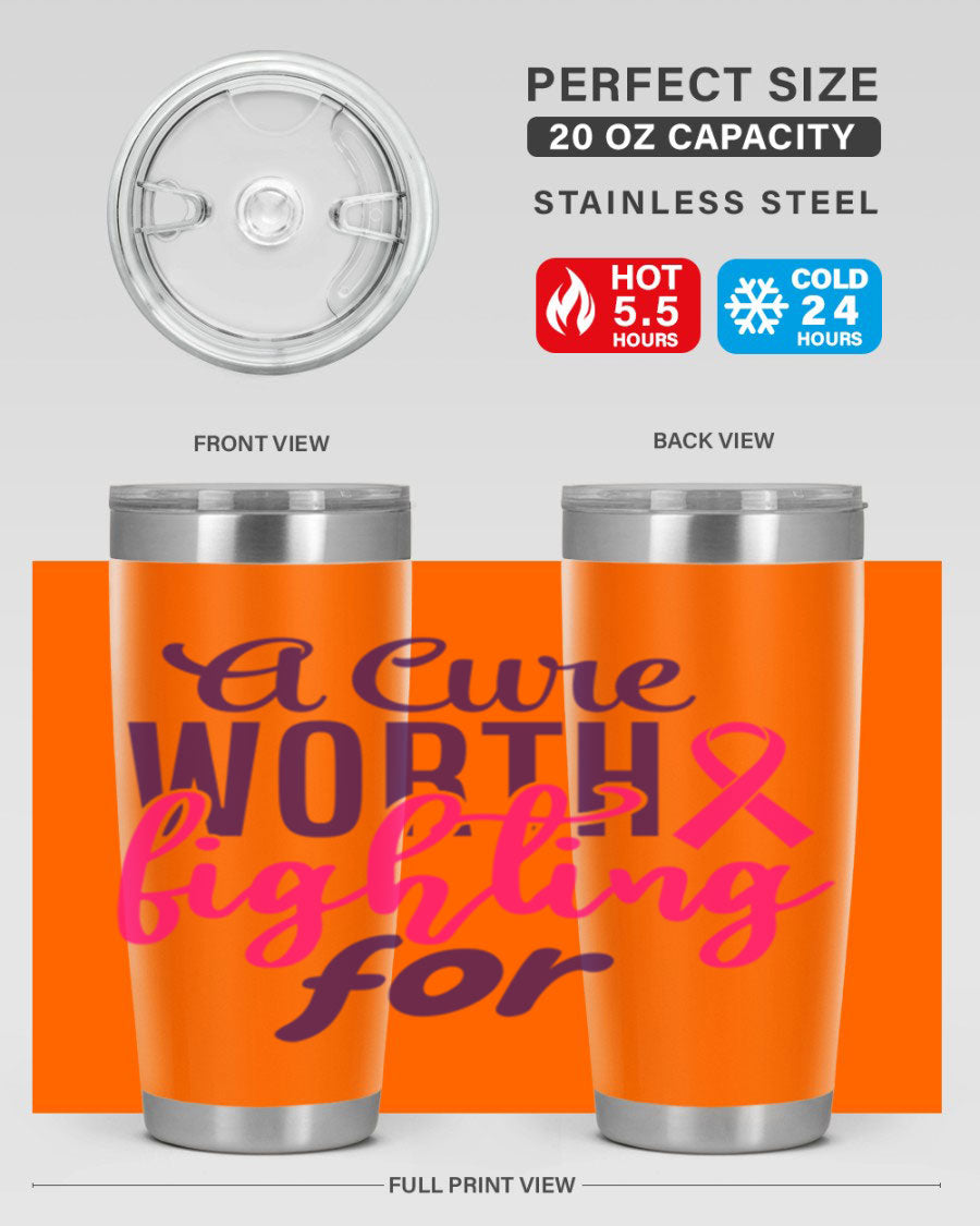 A stylish 20oz and 30oz stainless steel tumbler featuring a breast cancer awareness design, perfect for hot and cold beverages.