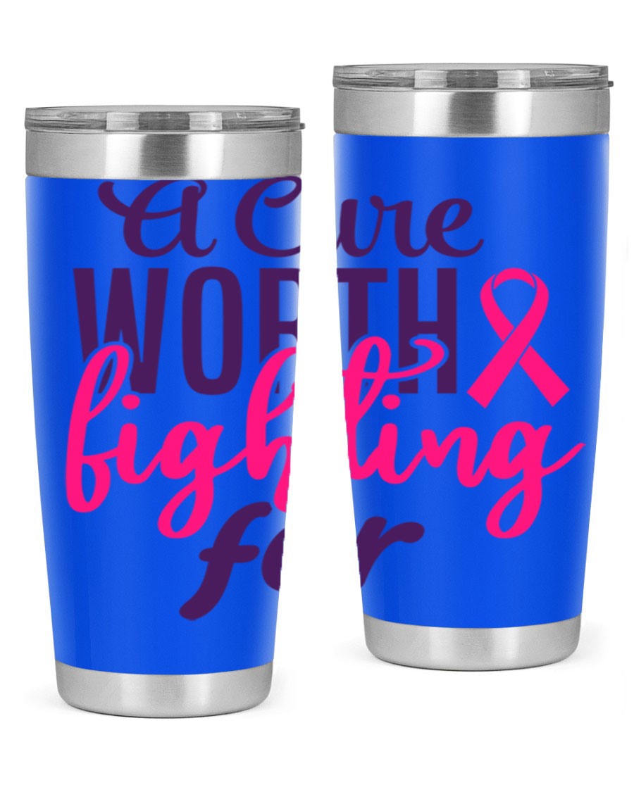A stylish 20oz and 30oz stainless steel tumbler featuring a breast cancer awareness design, perfect for hot and cold beverages.