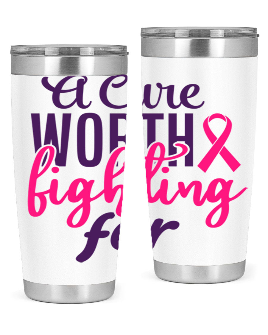 A stylish 20oz and 30oz stainless steel tumbler featuring a breast cancer awareness design, perfect for hot and cold beverages.